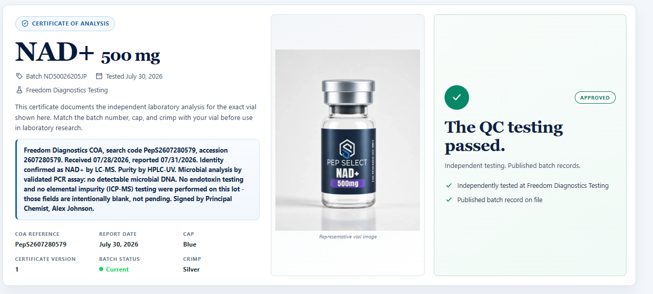 Pep Select NAD+ 500 mg batch page showing the batch code, photographed vial, cap and crimp fields, and approved release status