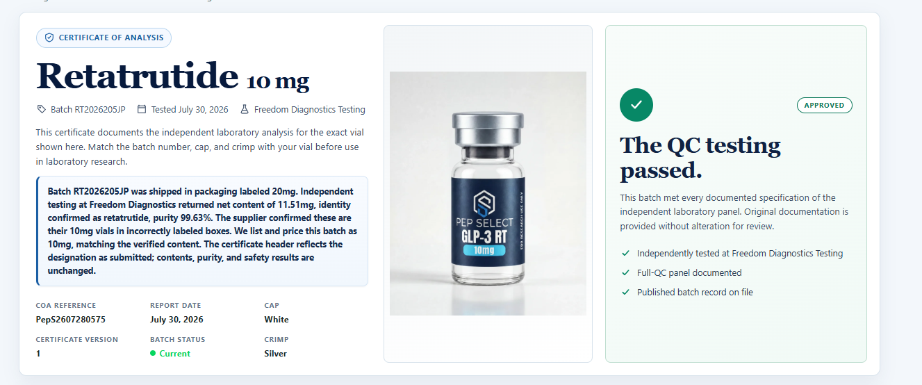 Pep Select Retatrutide 10 mg batch page showing batch RT2026205JP, the supplier-label mismatch explanation, vial image, cap and crimp, and approved release status