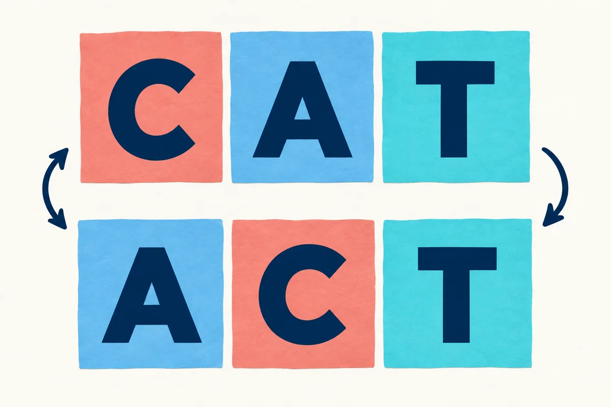 The same three illustrated letter tiles spell CAT in the first row and ACT in the second row.