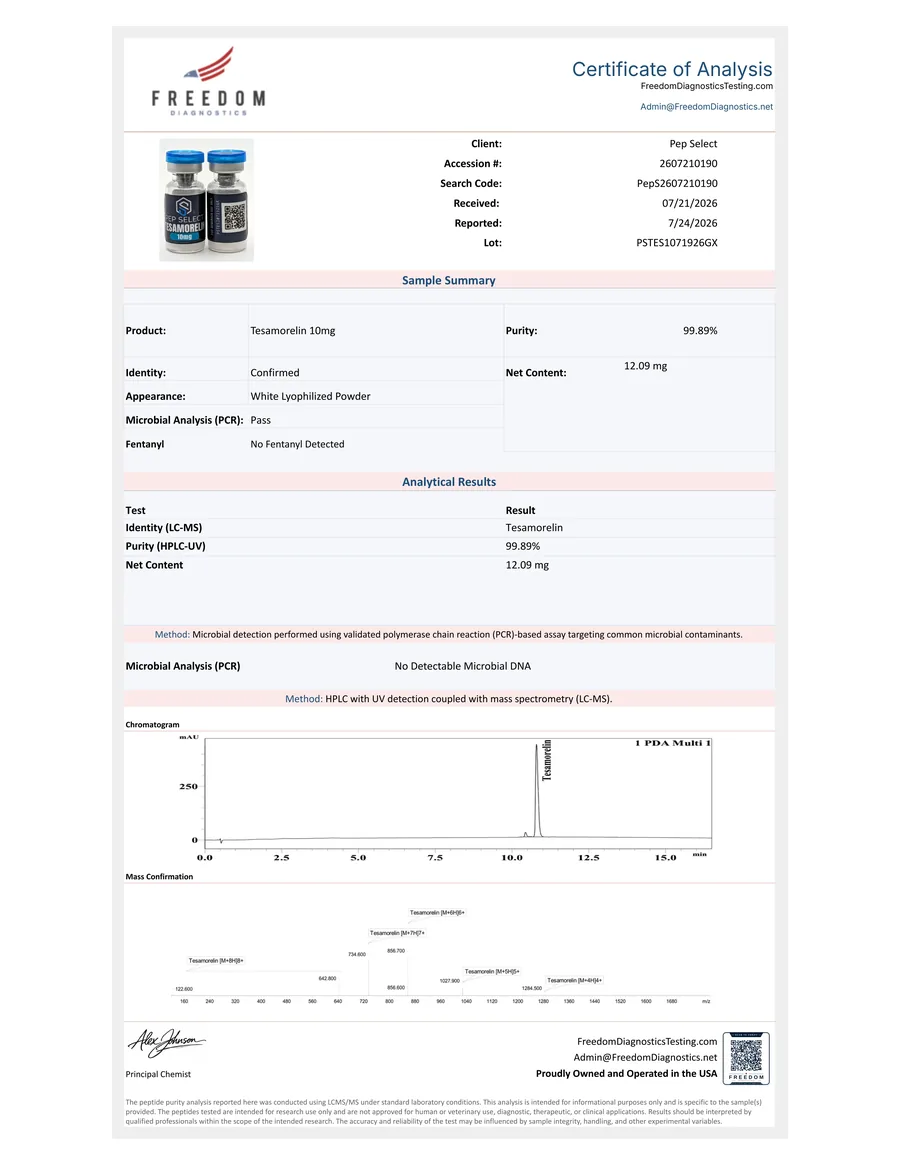 Freedom Diagnostics certificate for Pep Select Tesamorelin 10 mg, batch PSTES1071926GX.