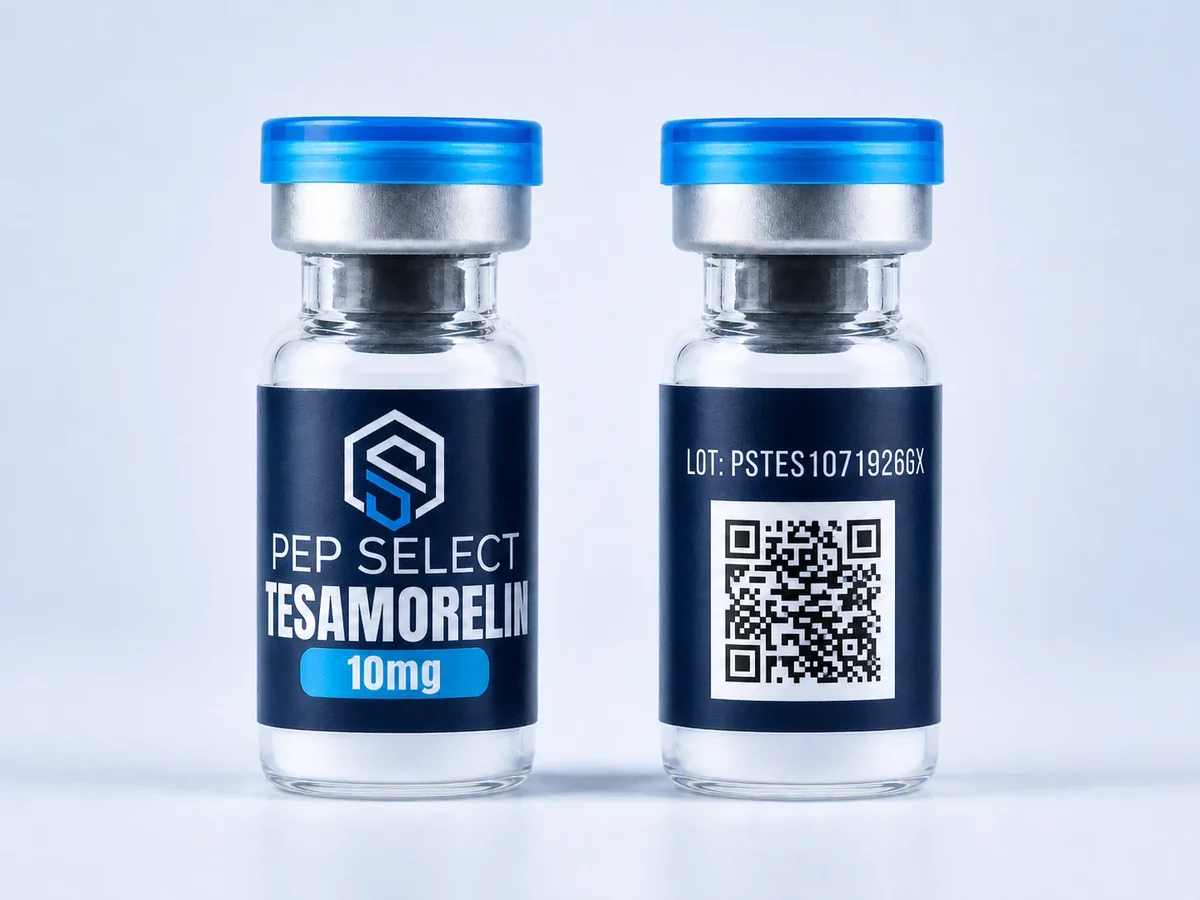Front and reverse views of a Pep Select Tesamorelin 10 mg clear vial with blue cap, silver crimp, and batch PSTES1071926GX.