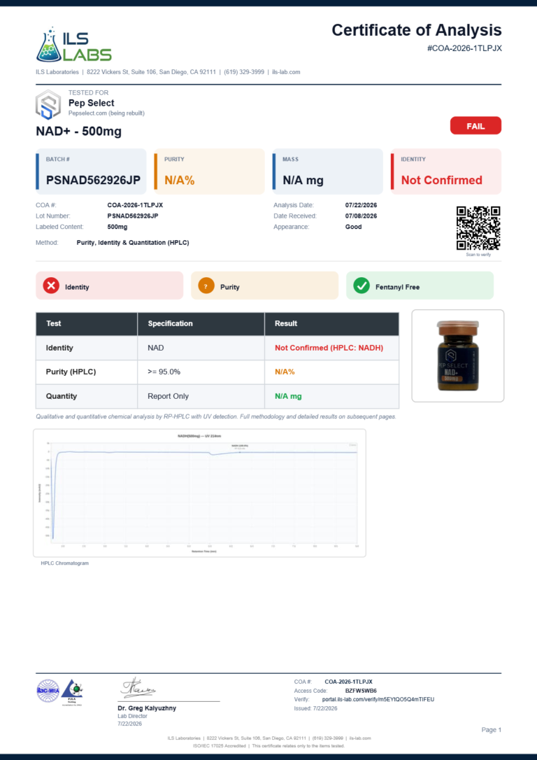 NAD+ 500 mg certificate page