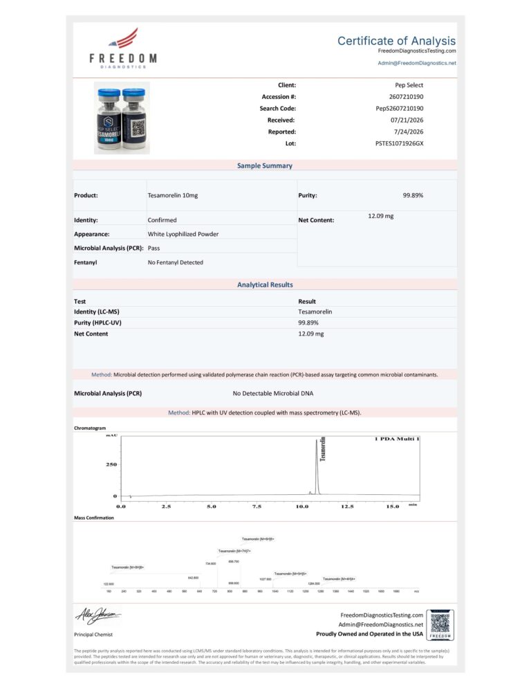 Tesamorelin 10 mg certificate page