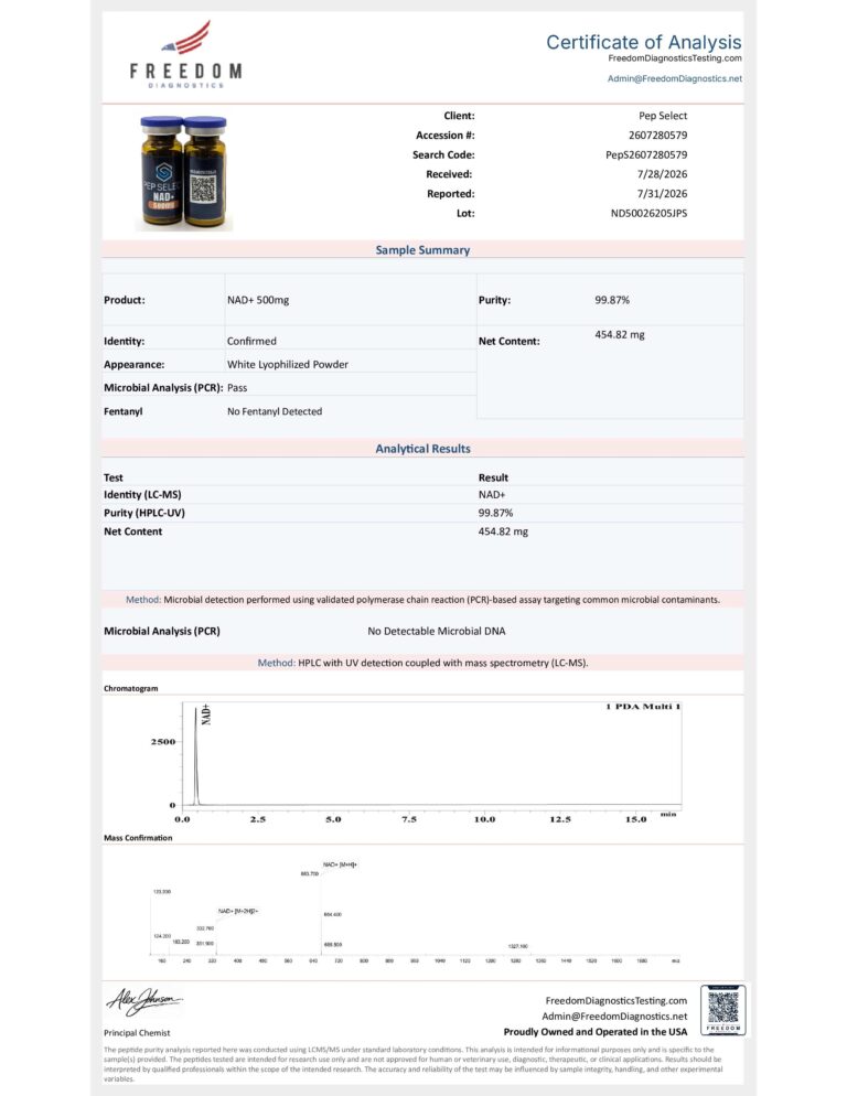 NAD+ 500 mg certificate page