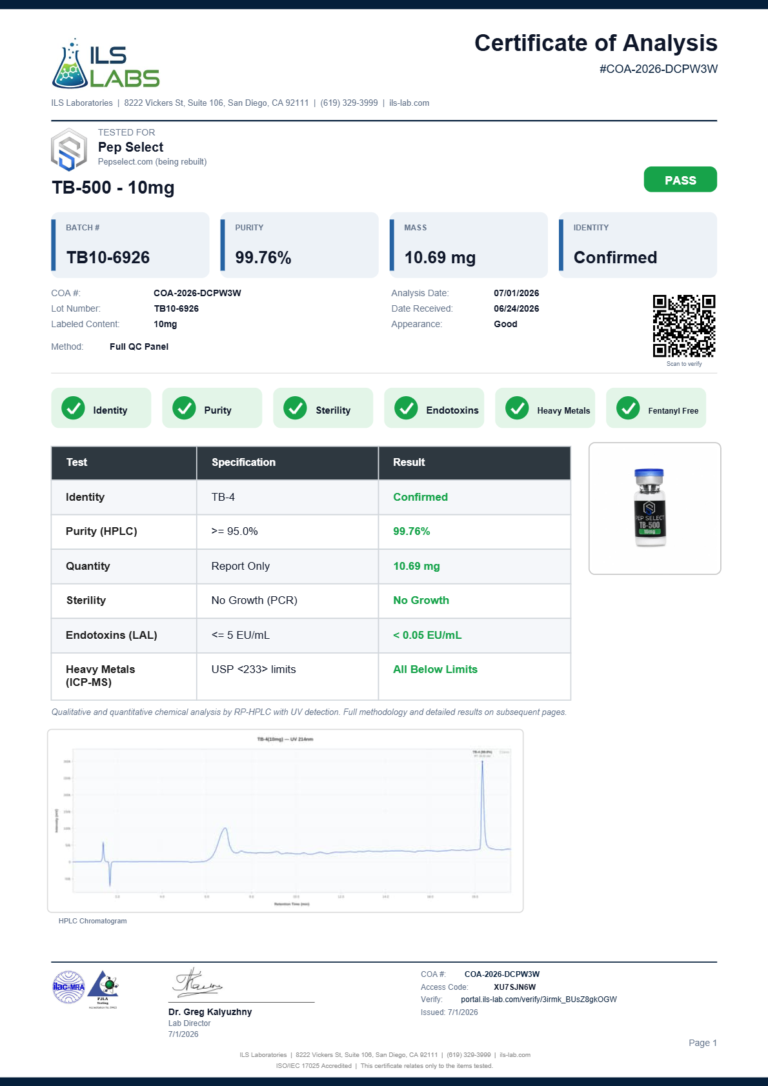 TB-500 10 mg certificate page
