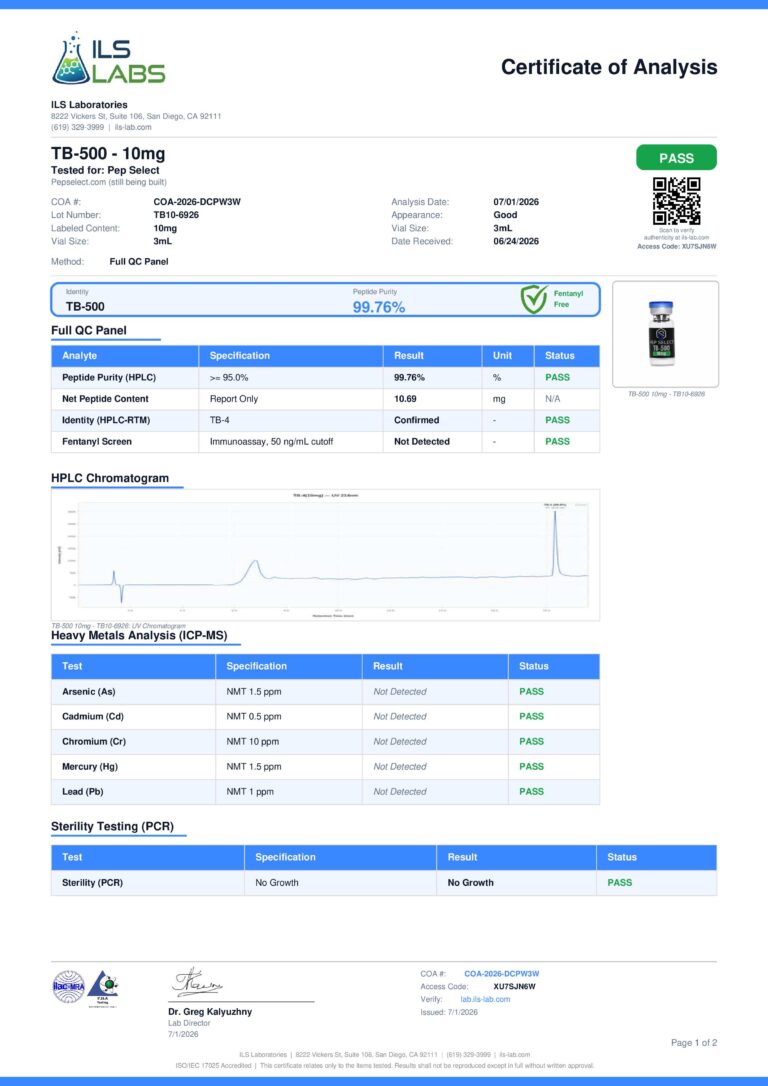 TB-500 10 mg certificate page