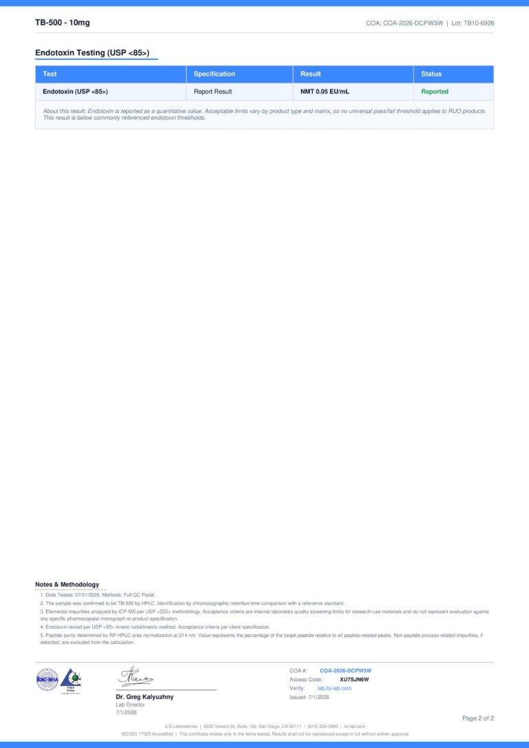 TB-500 10 mg certificate page