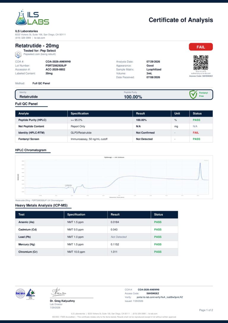 Retatrutide 20mg certificate page