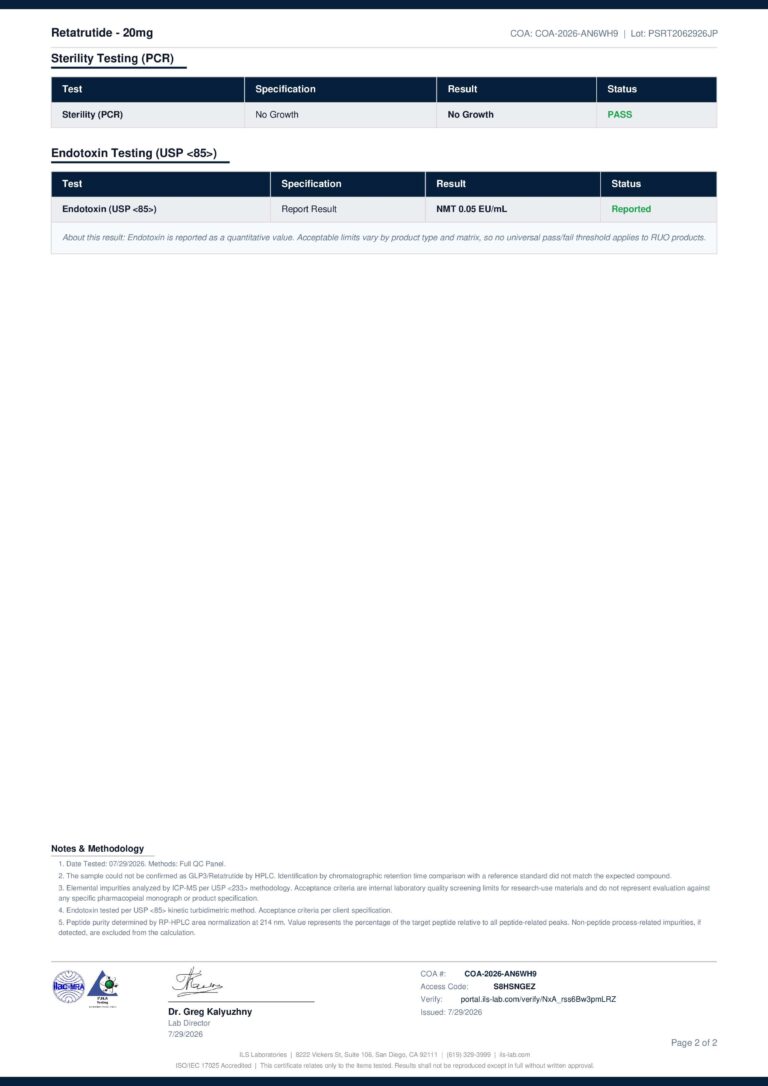 Retatrutide 20mg certificate page