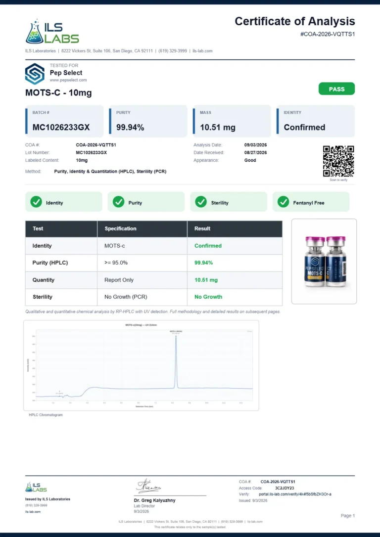 MOTS-C 10 mg certificate page