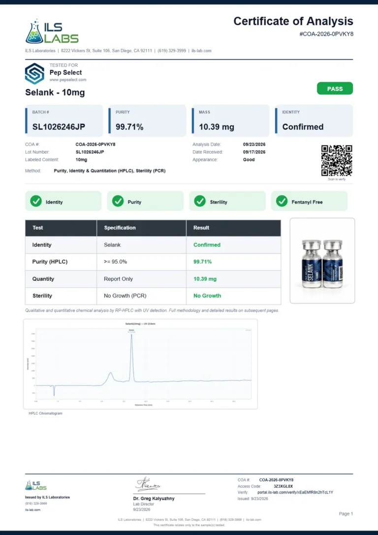Selank 10 mg certificate page