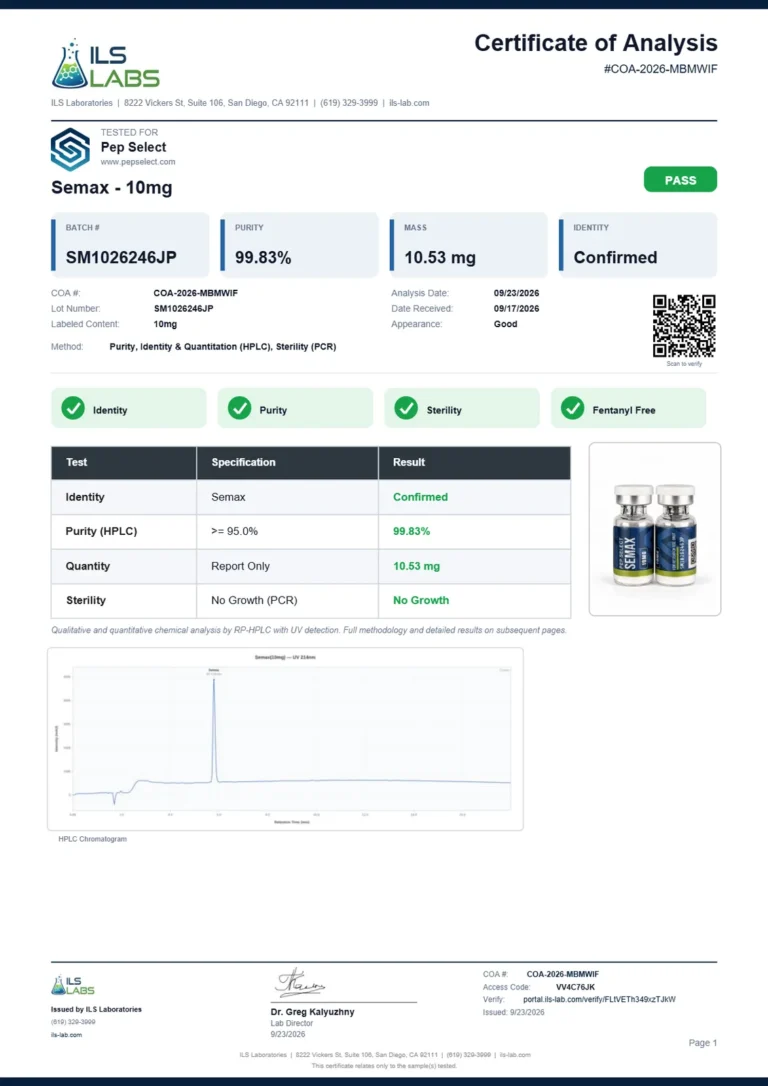 Semax 10 mg certificate page