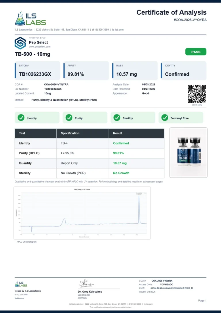 TB-500 10 mg certificate page