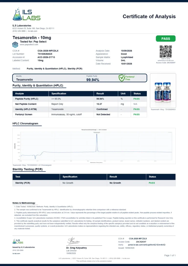 Tesamorelin 10 mg certificate page