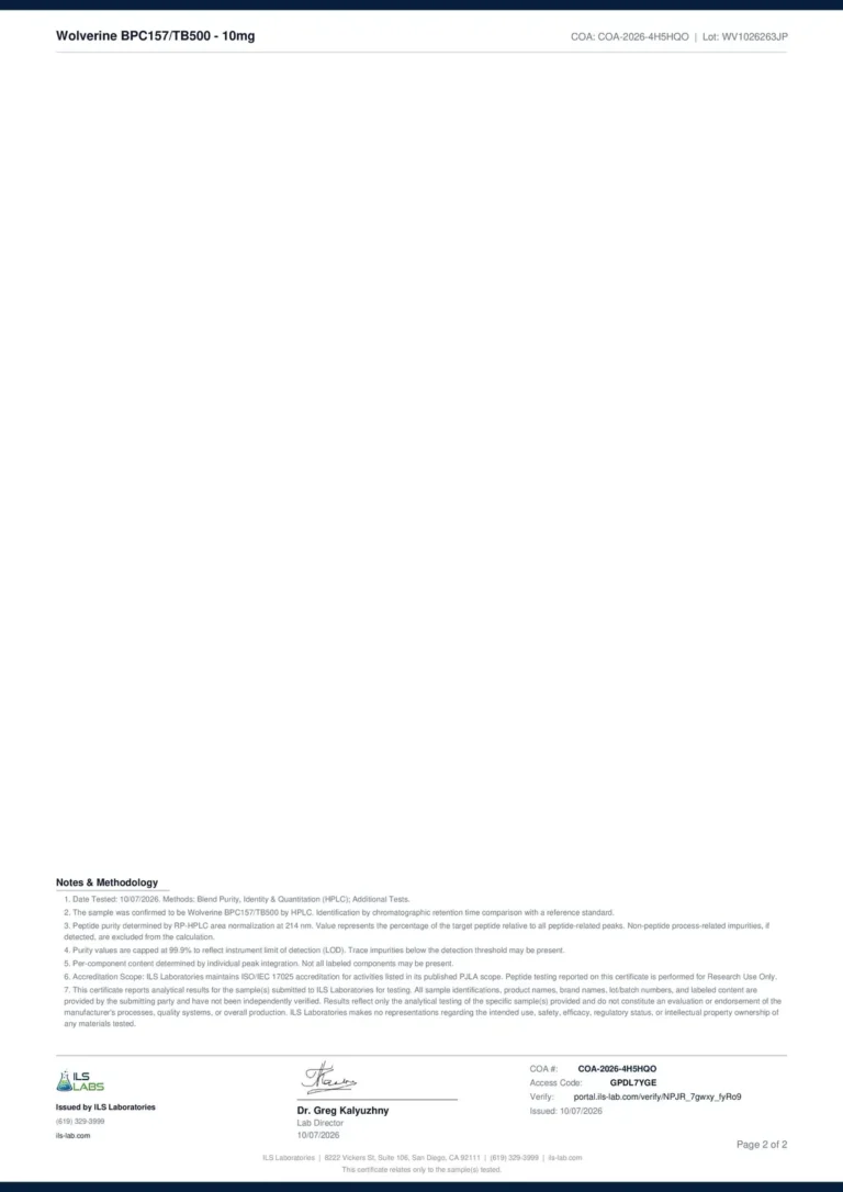 Wolverine BPC-157/TB-500 10 mg certificate page